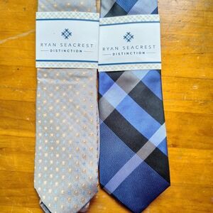 Ryan Seacrest Distinction Mens 100% Silk Tie Lot 2 Geometric Plaid Blue Tan